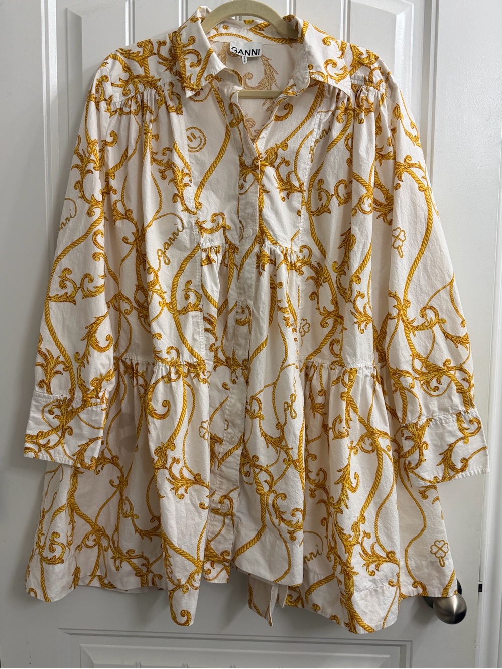 Ganni Printed Cotton Poplin Gathered Panel Wide Mini Shirt Dress size 40/US 6-M - Picture 4 of 10